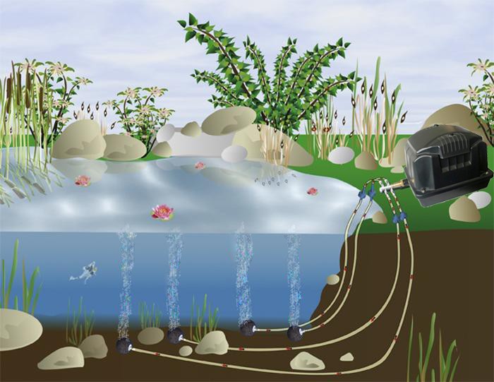 Прудовый компрессор BOYU SES с фурнитурой в работе