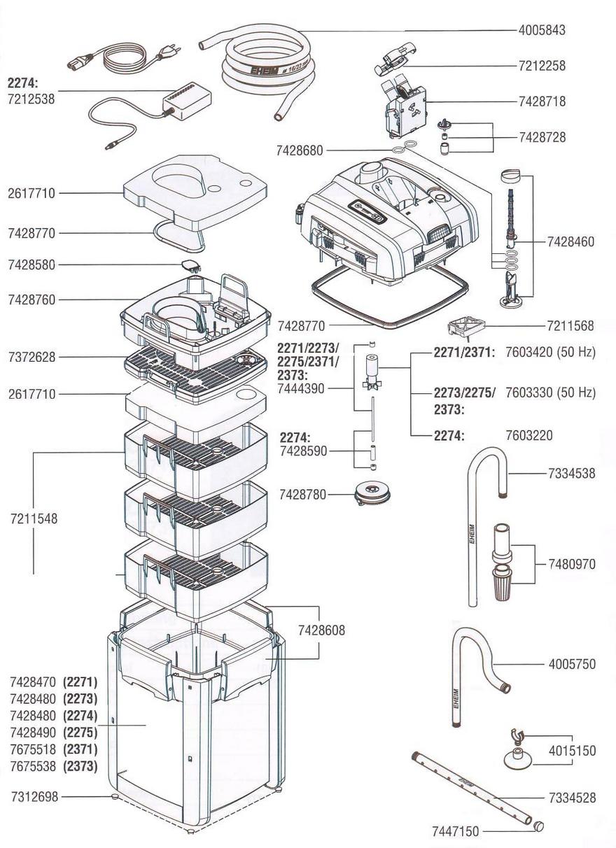 Схема деталей всех внешних фильтров EHEIM professionel 4+ (aqua-service.by)