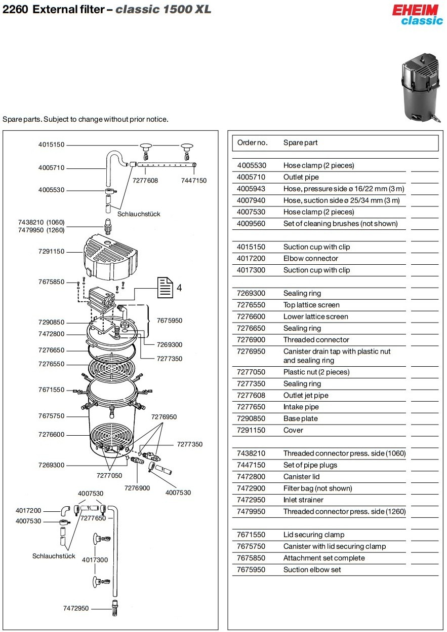 Схема деталей внешнего фильтра EHEIM classic 1500XL (aqua-service.by)