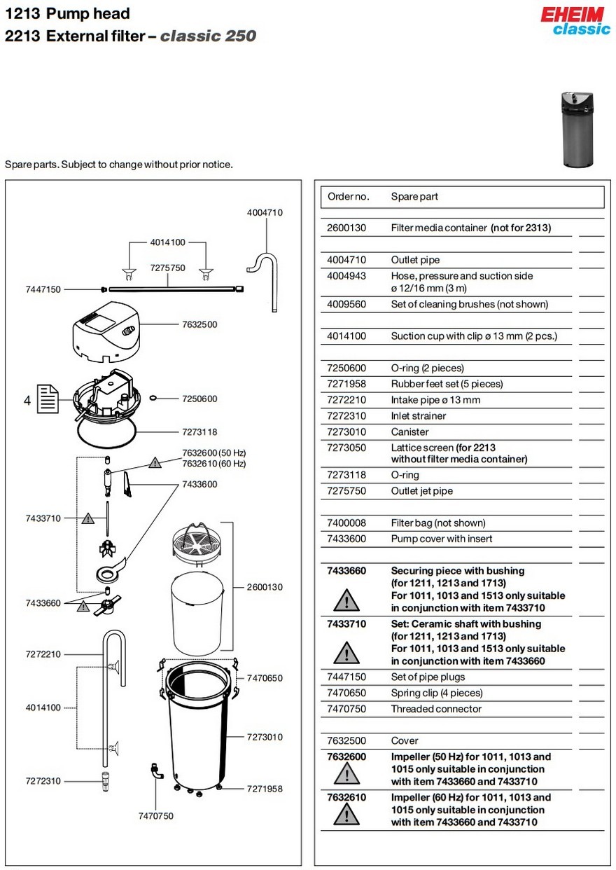 Схема деталей внешнего фильтра EHEIM classic 250 (aqua-service.by)