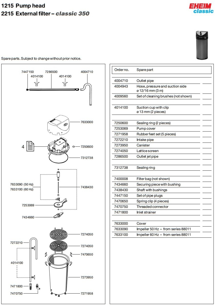 Схема деталей внешнего фильтра EHEIM classic 350 (aqua-service.by)