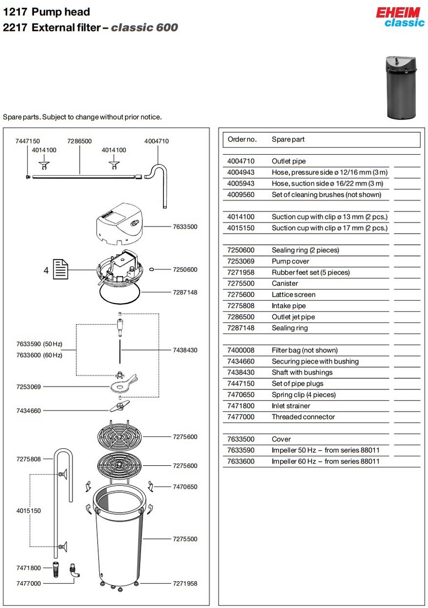 Схема деталей внешнего фильтра EHEIM classic 600 (aqua-service.by)