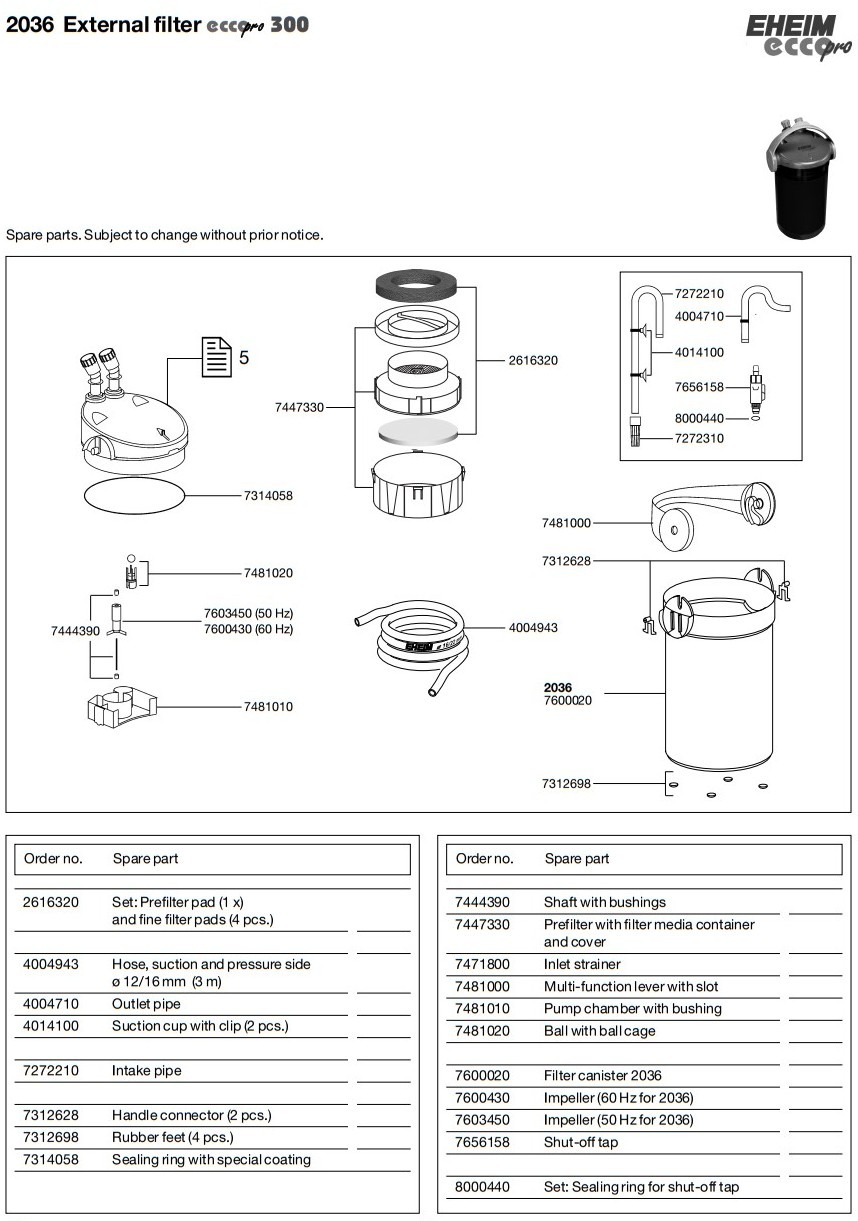 Схема деталей внешнего фильтра EHEIM ecco pro 300 (aqua-service.by)