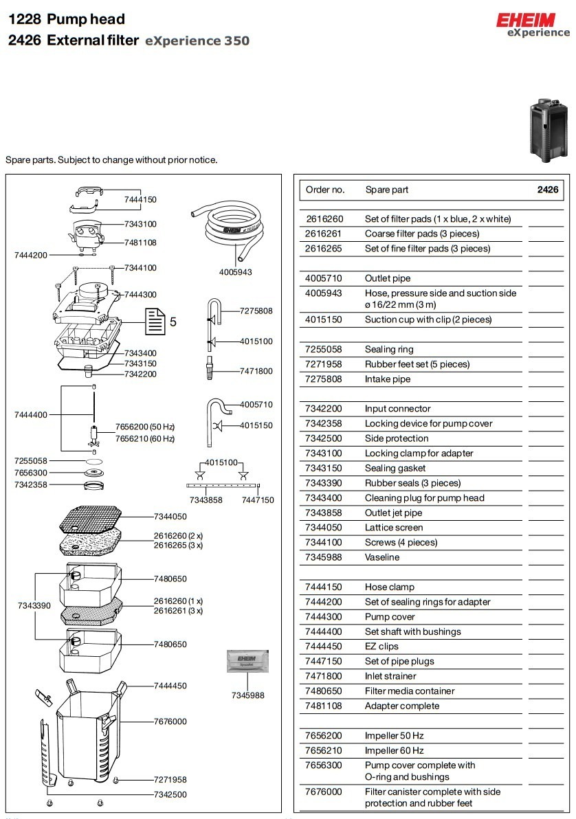 Схема деталей внешнего фильтра EHEIM eXperience 350 (aqua-service.by)