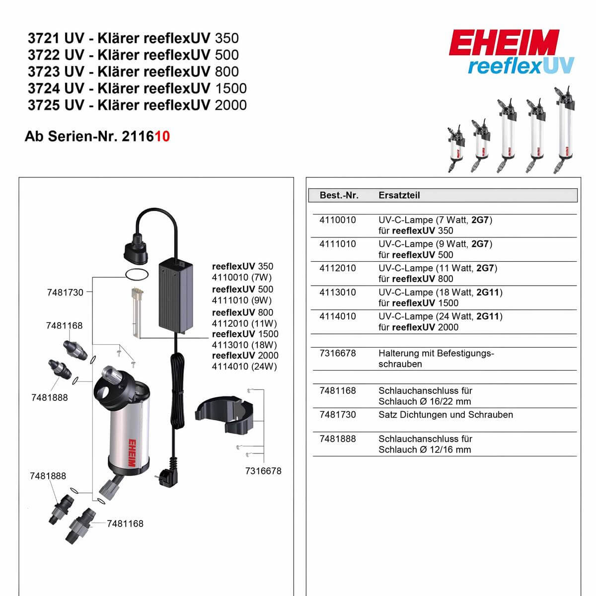 EHEIM reeflex Аквариумный УФ-стерилизатор - карта запчастей